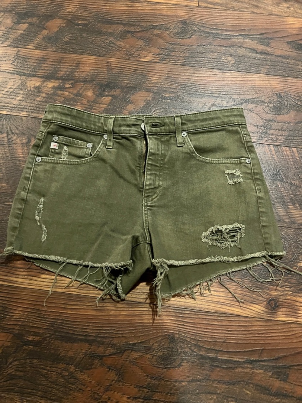 AG Adriano Goldschmied Olive Green Distressed Denim Shorts